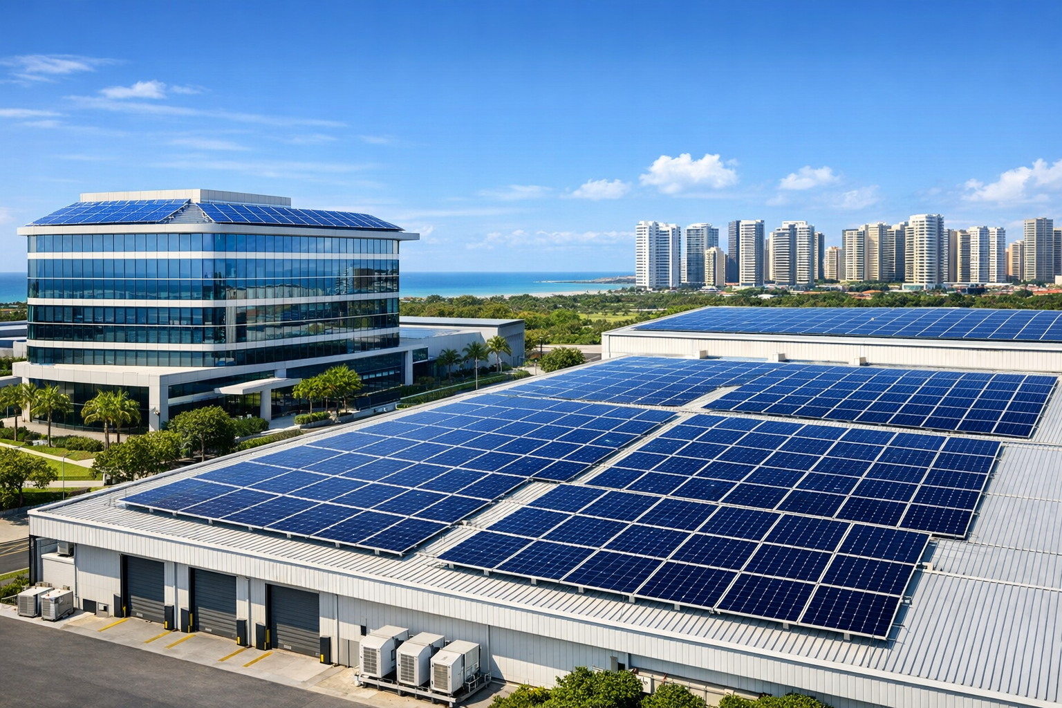 Prédio comercial e indústria com painéis solares